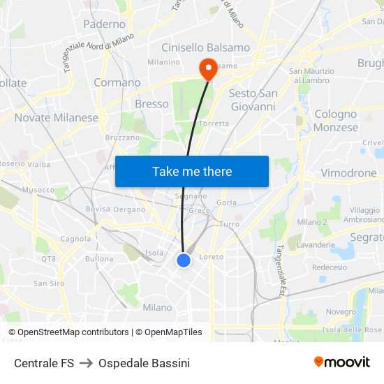 Centrale FS to Ospedale Bassini map