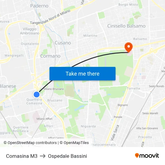 Comasina M3 to Ospedale Bassini map