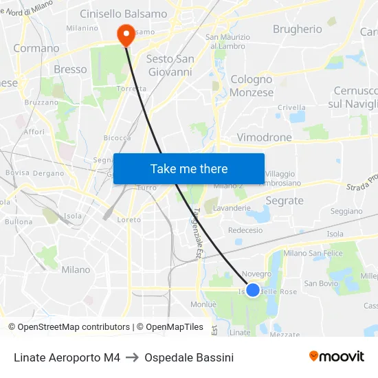 Linate Airport M4 to Bassini Hospital map