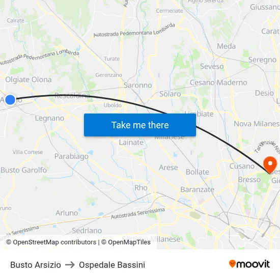 Busto Arsizio to Bassini Hospital map