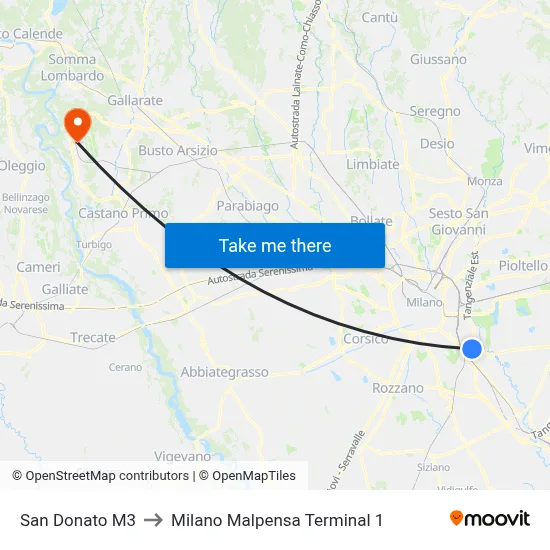San Donato M3 to Milan Malpensa Terminal 1 map