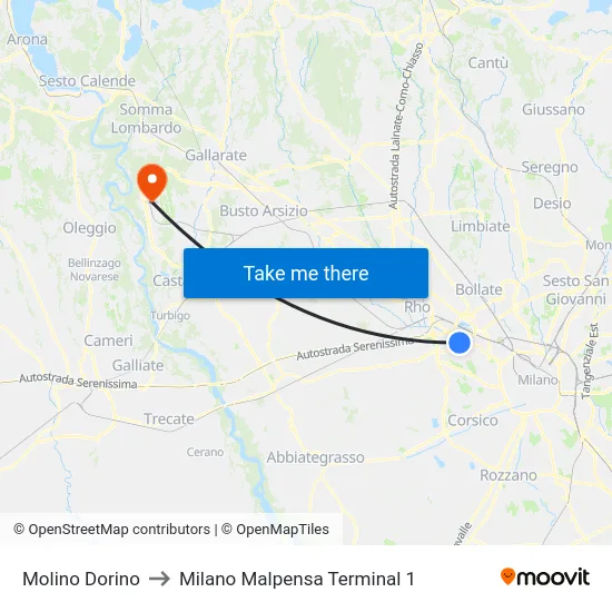 Molino Dorino to Milano Malpensa Terminal 1 map