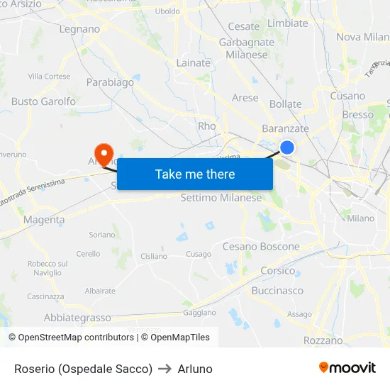 Roserio (Sacco Hospital) to Arluno map