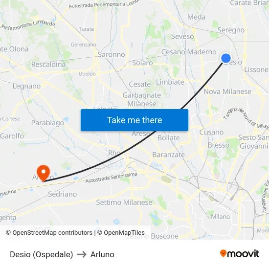 Desio (Hospital) to Arluno map