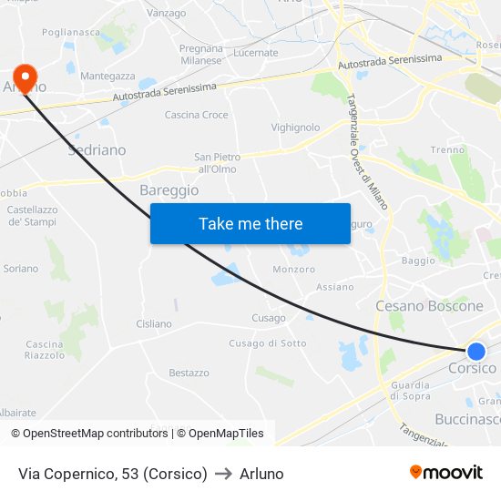 Via Copernico, 53 (Corsico) to Arluno map