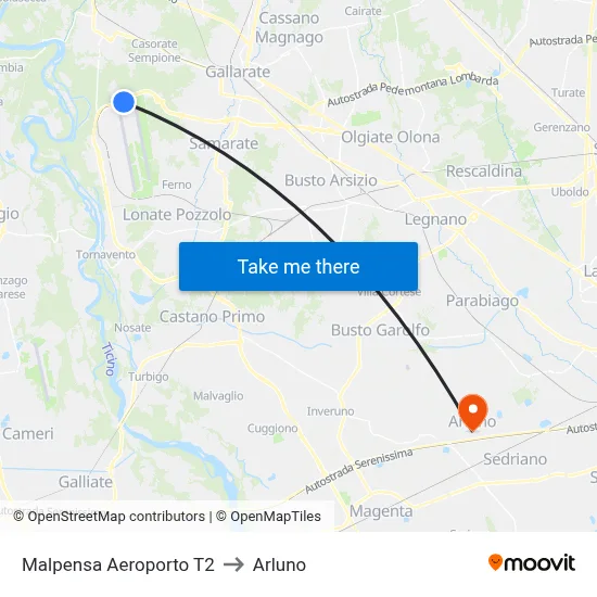 Malpensa Airport T2 to Arluno map