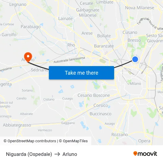 Niguarda (Ospedale) to Arluno map