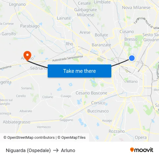 Niguarda (Ospedale) to Arluno map