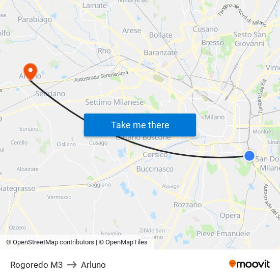 Rogoredo M3 to Arluno map