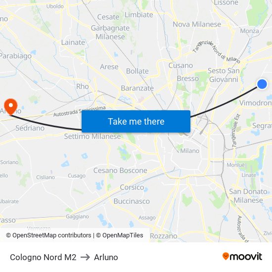 Cologno Nord M2 to Arluno map
