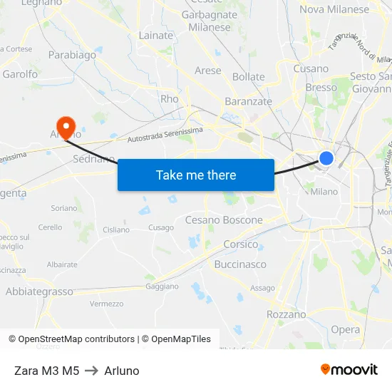 Zara M3 M5 to Arluno map