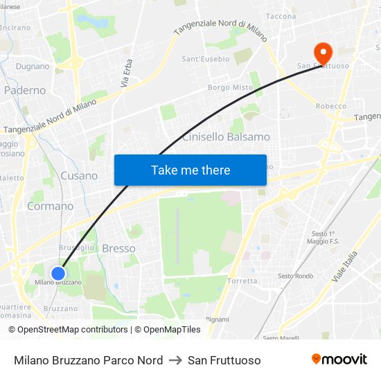 Milano Bruzzano Parco Nord to San Fruttuoso map