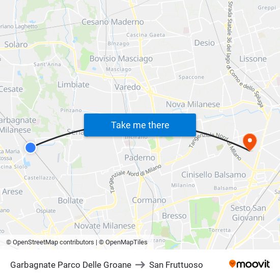 Garbagnate Parco Delle Groane to San Fruttuoso map