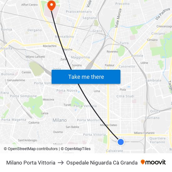 Milano Porta Vittoria to Ospedale Niguarda Cà Granda map