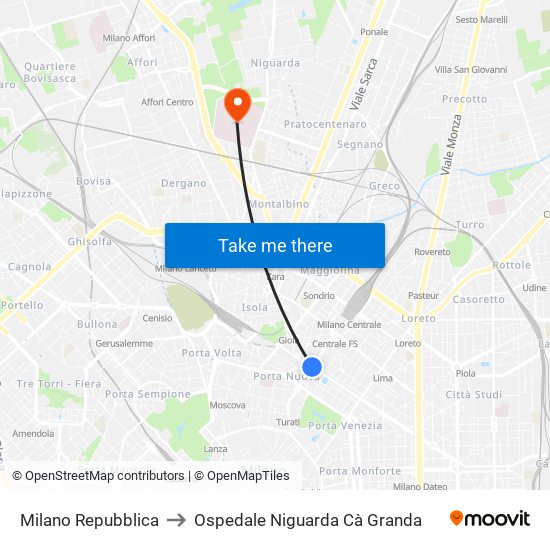 Milano Repubblica to Ospedale Niguarda Cà Granda map