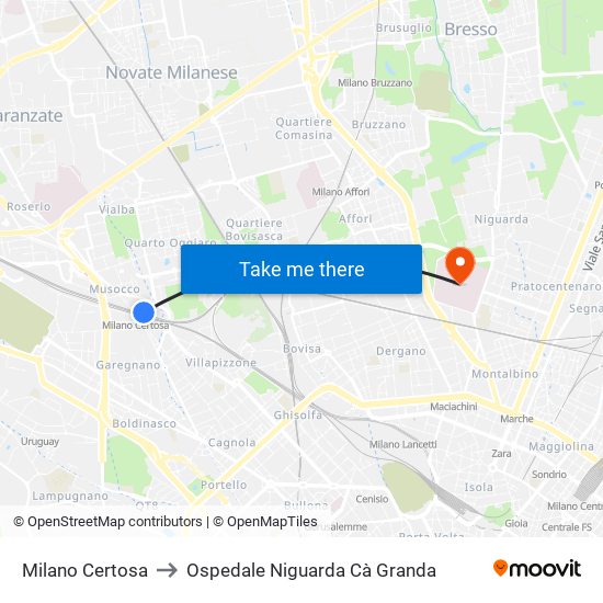 Milano Certosa to Ospedale Niguarda Cà Granda map