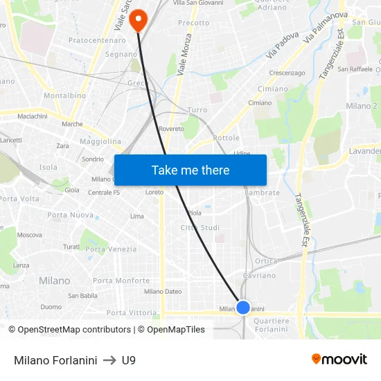 Milan Forlanini to U9 map