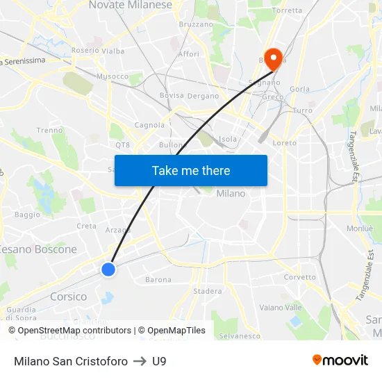Milan San Cristoforo to U9 map