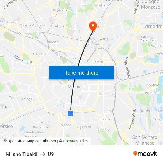 Milano Tibaldi to U9 map