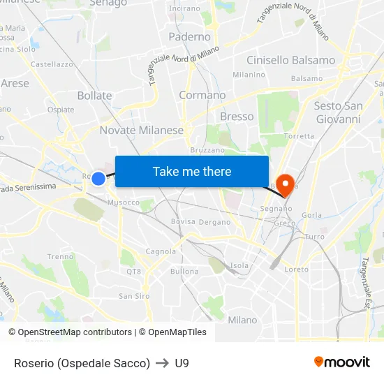 Roserio (Sacco Hospital) to U9 map