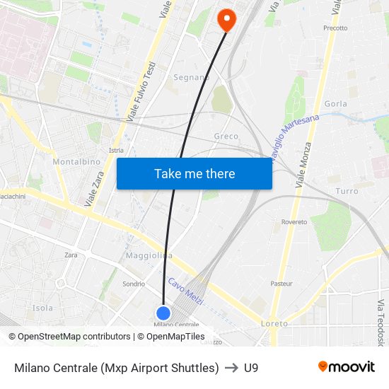 Milano Centrale (Mxp Airport Shuttles) to U9 map