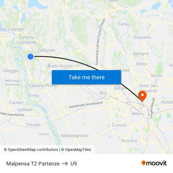 Malpensa T2 Partenze to U9 map