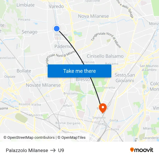 Palazzolo Milanese to U9 map