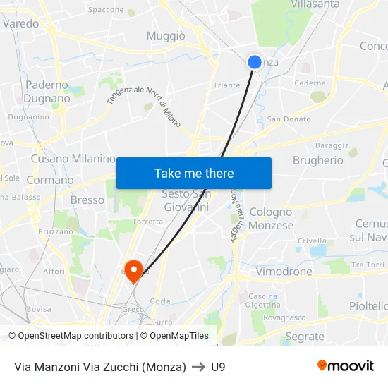 Manzoni Street Zucchi Street (Monza) to U9 map