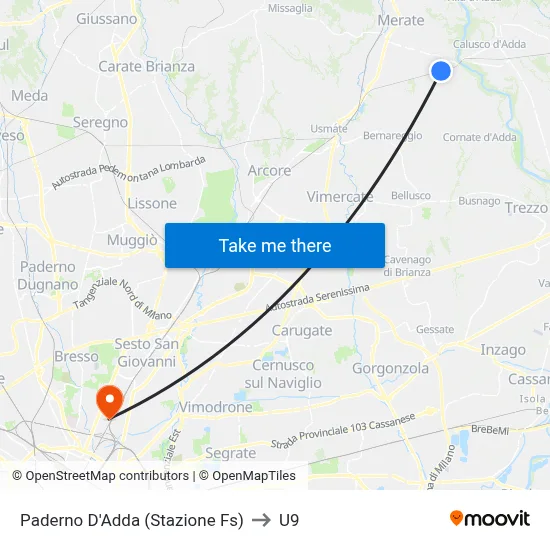 Paderno D'Adda (Railway Station) to U9 map