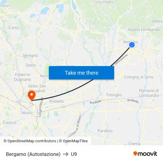 Bergamo (Bus Station) to U9 map