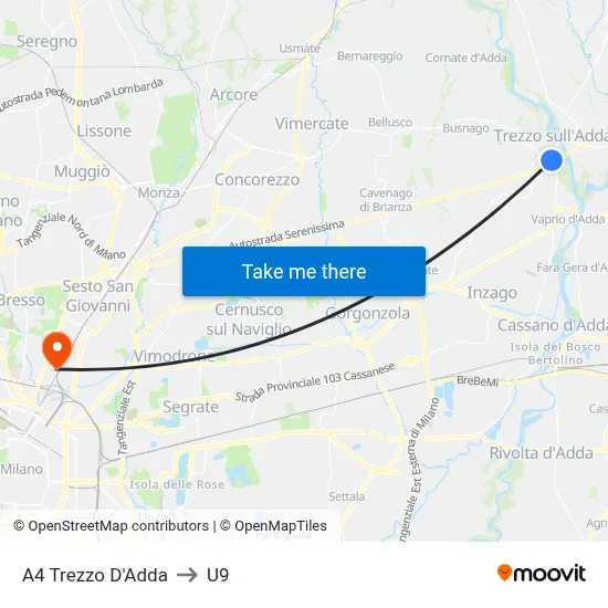 A4 Trezzo D'Adda to U9 map