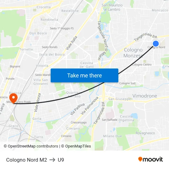 Cologno Nord M2 to U9 map