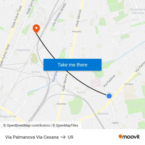 Palmanova Street/Cesana Street to U9 map