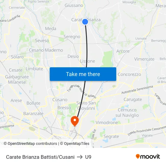 Carate Brianza Battisti/Cusani to U9 map
