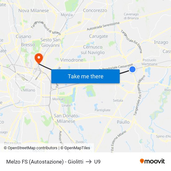 Melzo FS (Autostazione) - Giolitti to U9 map