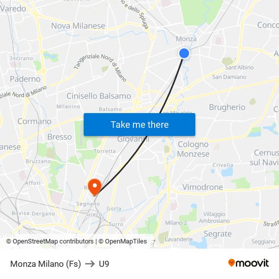 Monza Milano (Fs) to U9 map