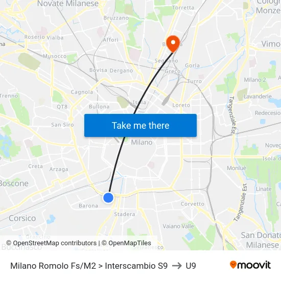 Milano Romolo Fs/M2 > Interscambio S9 to U9 map