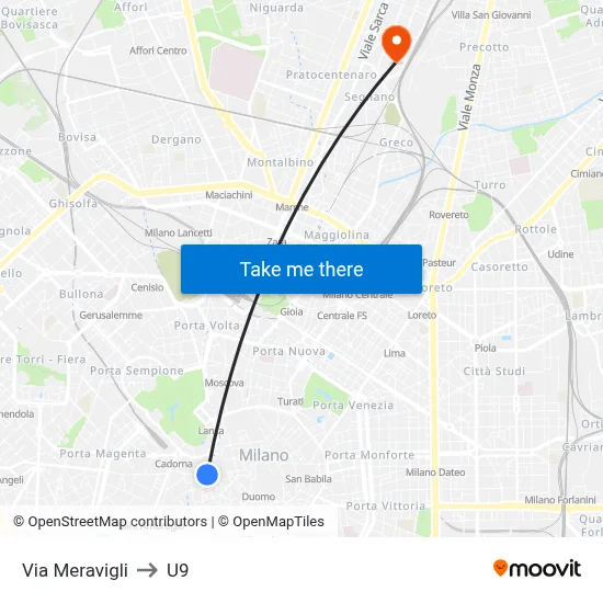 Meravigli Street to U9 map