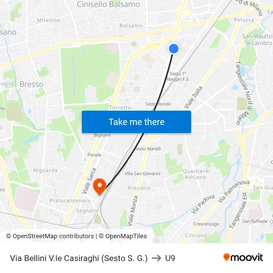 Bellini Street Casiraghi Avenue (Sesto S. G.) to U9 map