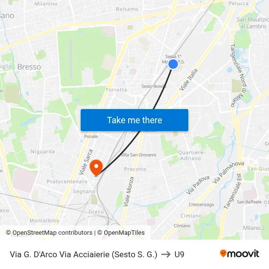 G. D'Arco Street Acciaierie Street (Sesto S. G.) to U9 map