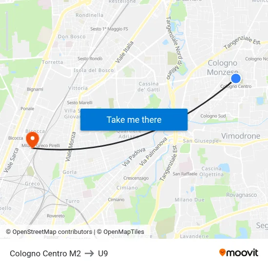 Cologno Centro M2 to U9 map