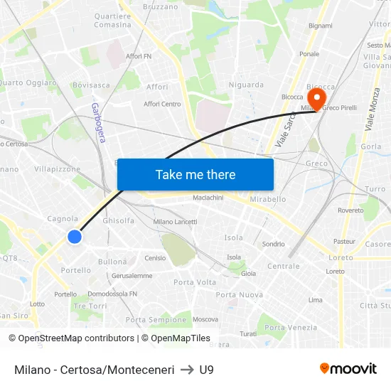 Milan - Certosa/Monteceneri to U9 map