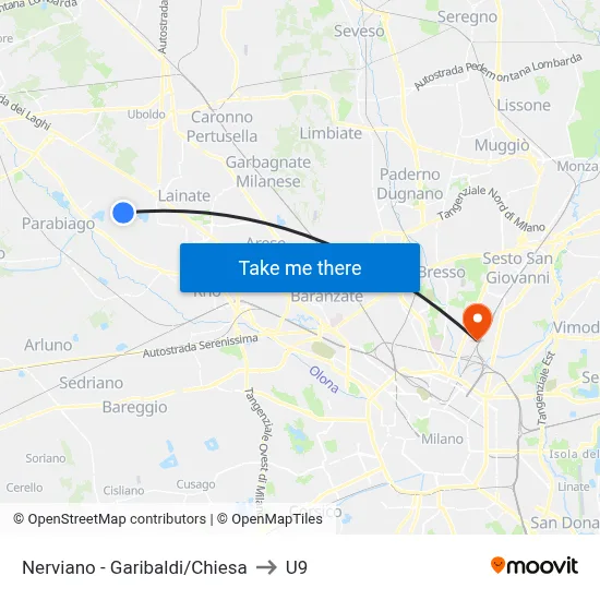 Nerviano - Garibaldi/Church to U9 map