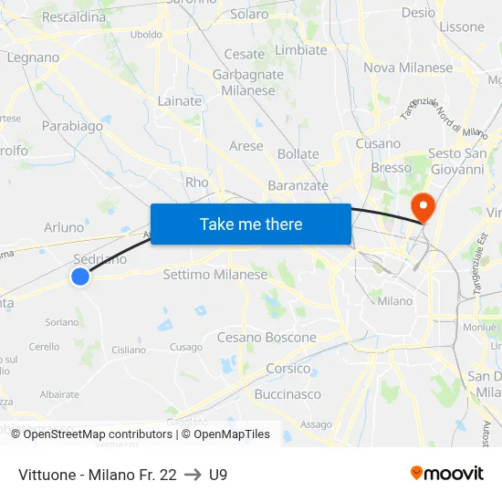 Vittuone - Milano Fr. 22 to U9 map