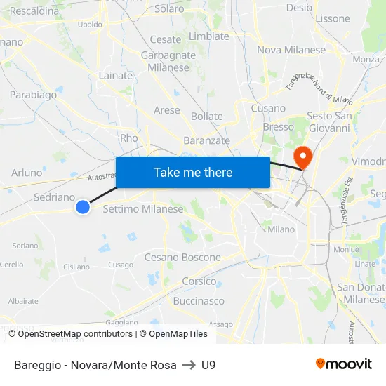 Bareggio - Novara/Monte Rosa to U9 map