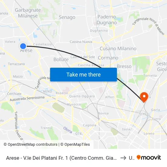 Arese - Plane Trees Avenue Stop 1 (Giada Shopping Center - High School) to U9 map