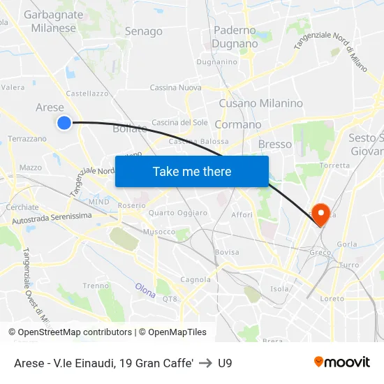 Arese - Einaudi Avenue, 19 Grand Cafe to U9 map