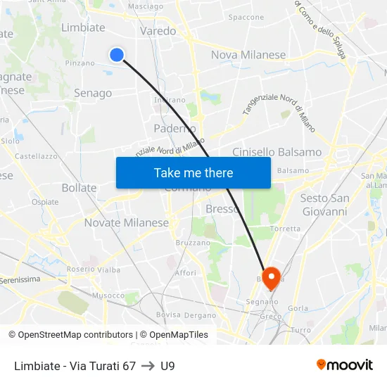 Limbiate - Via Turati 67 to U9 map