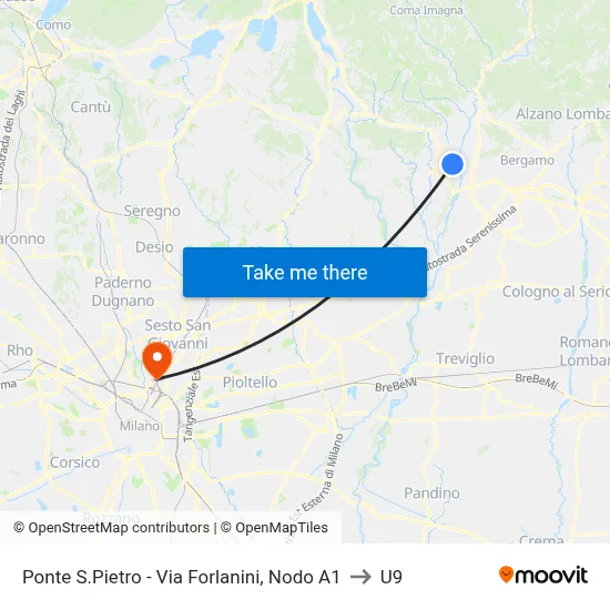 Ponte San Pietro - Via Forlanini, Node A1 to U9 map