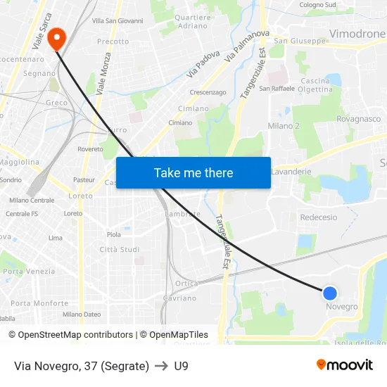 Via Novegro, 37 (Segrate) to U9 map
